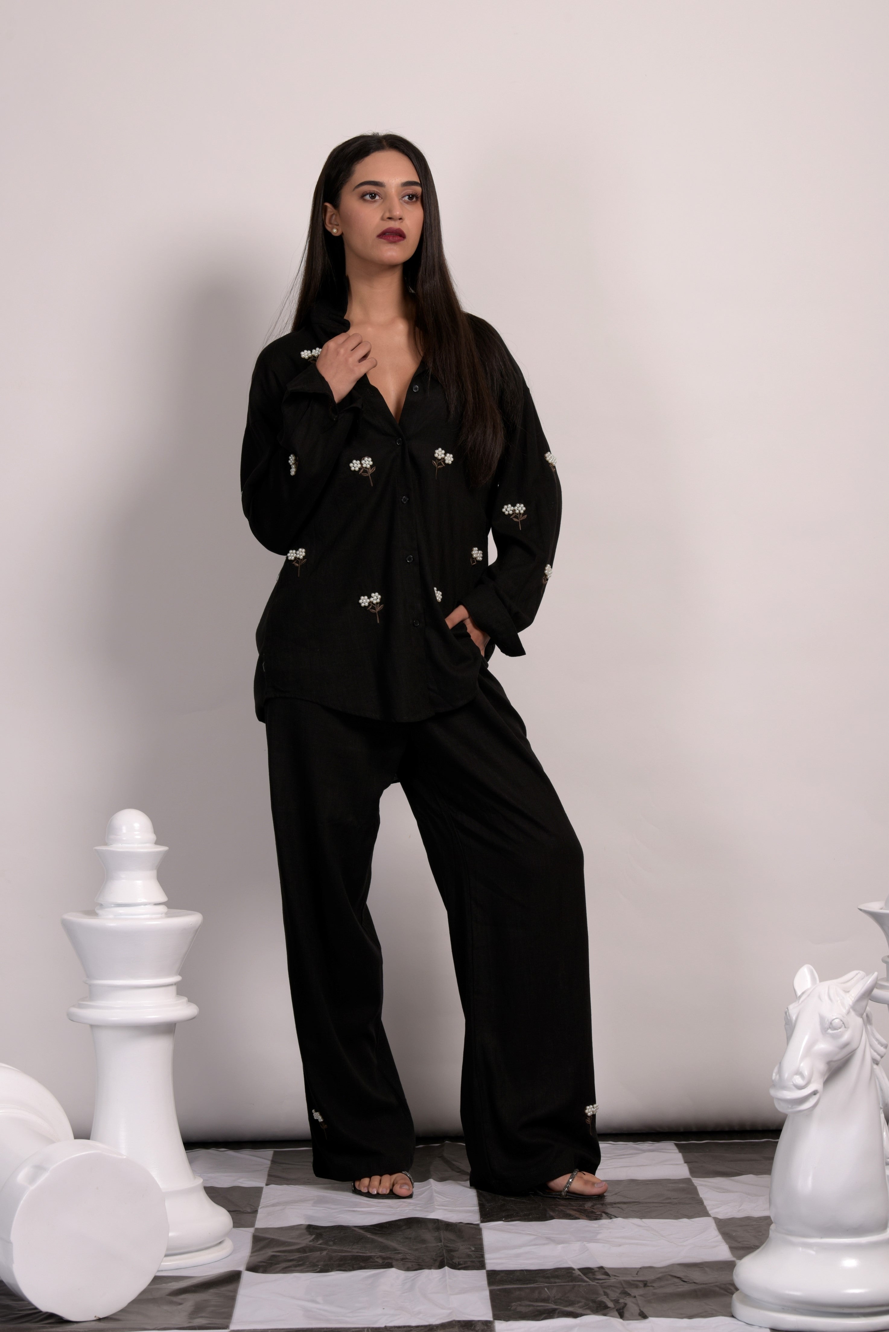 Dandelion Pearl Embroidred Co-ord Set - Black