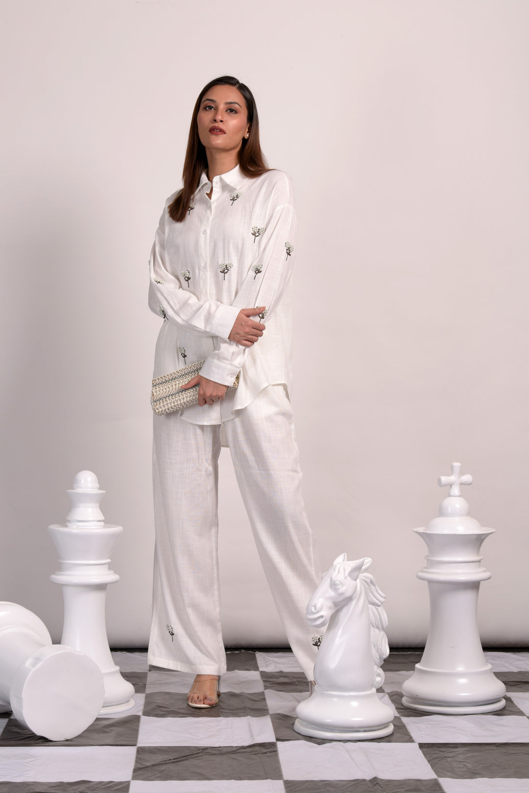 Dandelion Pearl Embroidred Co-ord Set - White