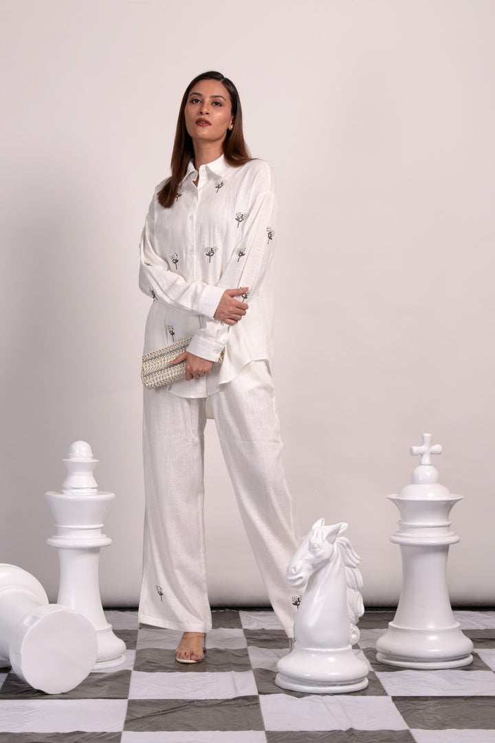 Dandelion Pearl Embroidred Co-ord Set - White