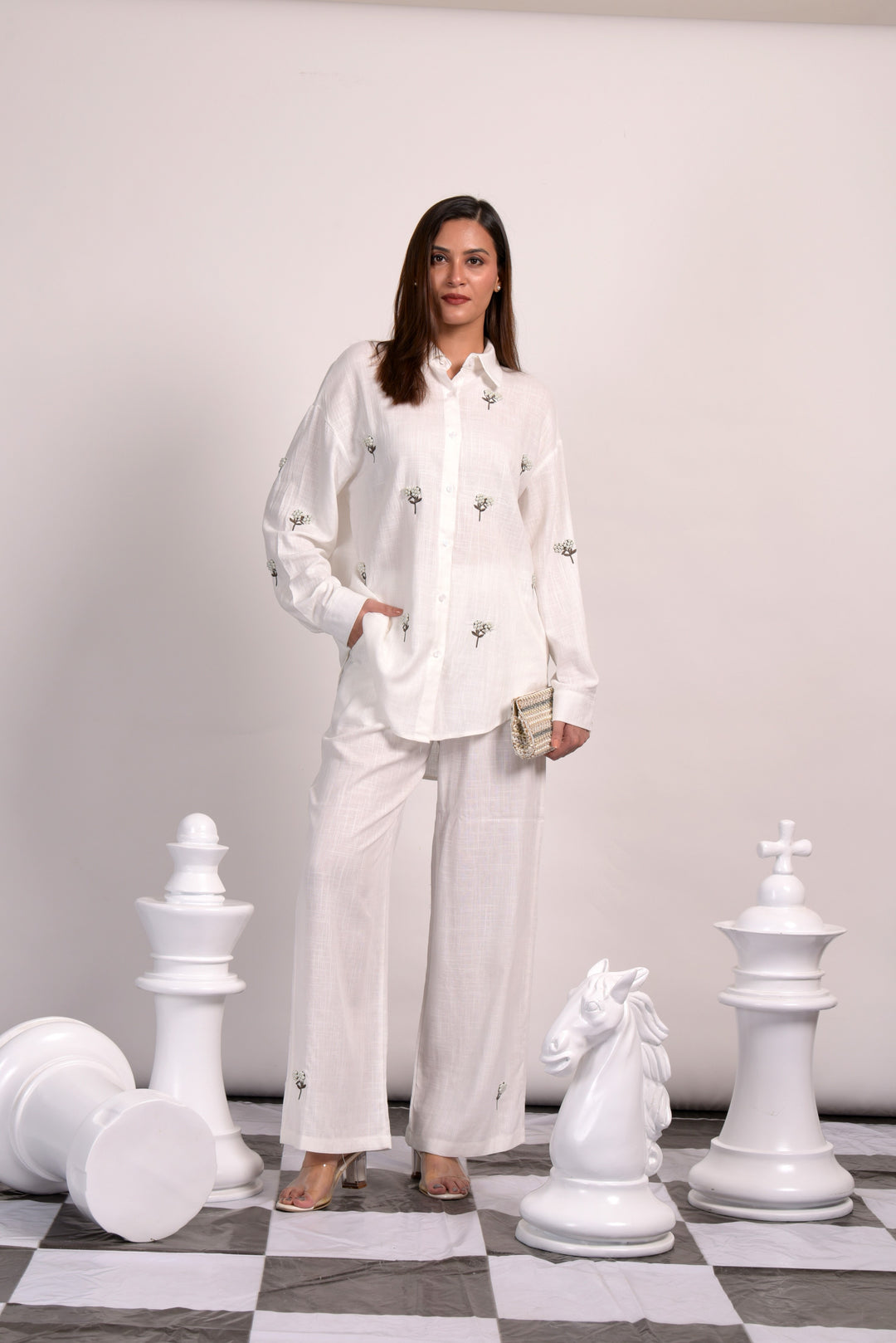 Dandelion Pearl Embroidred Co-ord Set - White