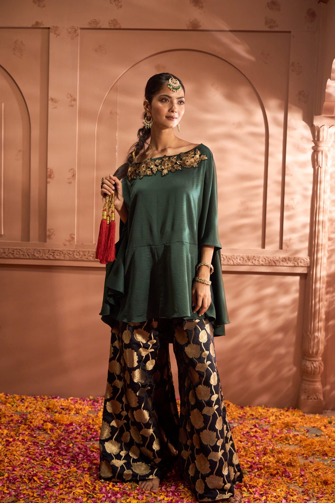 Kiri Embroidered Kaftan With Banarasi Lotus Sharara - Green