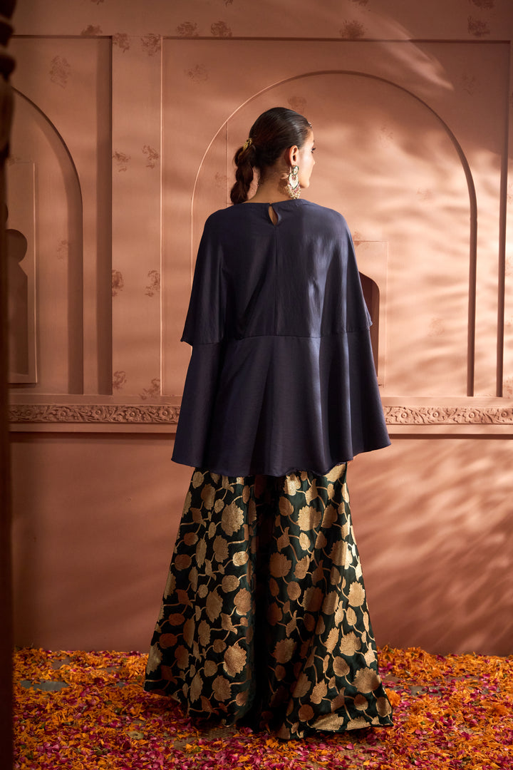 Kiri Embroidered Kaftan With Banarasi Lotus Flared Pant - Blue