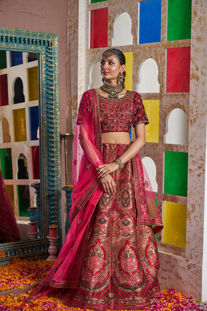 Banarasi Begum Ghaghra With Embroidered Blouse And Chunni - Royal Red