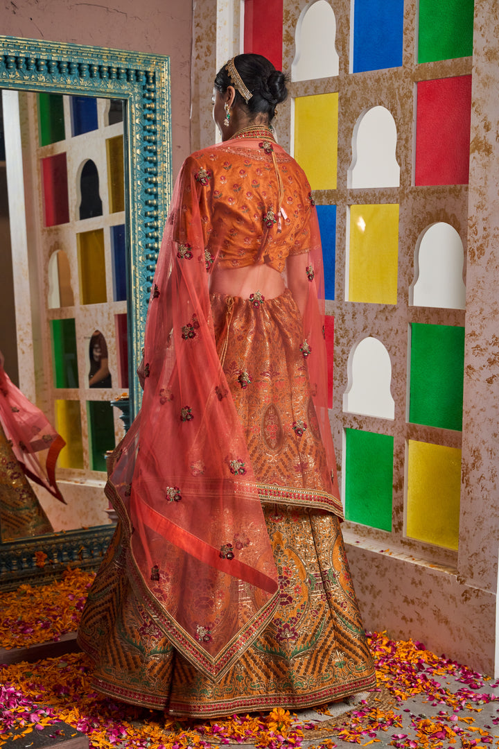 Banarasi Begum Ghaghra With Embroidered Blouse And Chunni - Orange