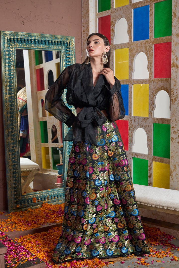 Banarasi Begum Ghaghra With Tie Top - Black