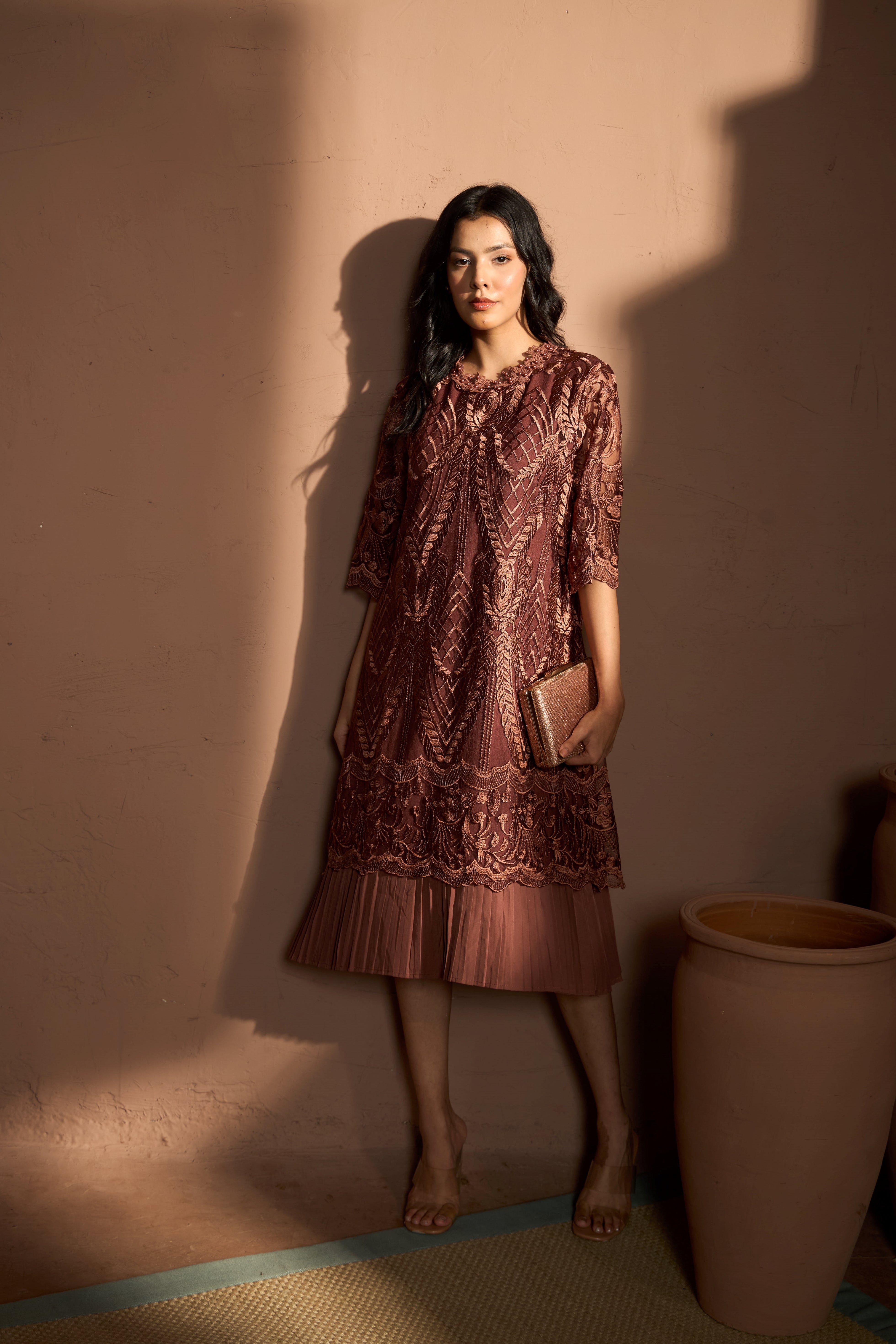 Myra Mesh Chantilily Dress - Coffee
