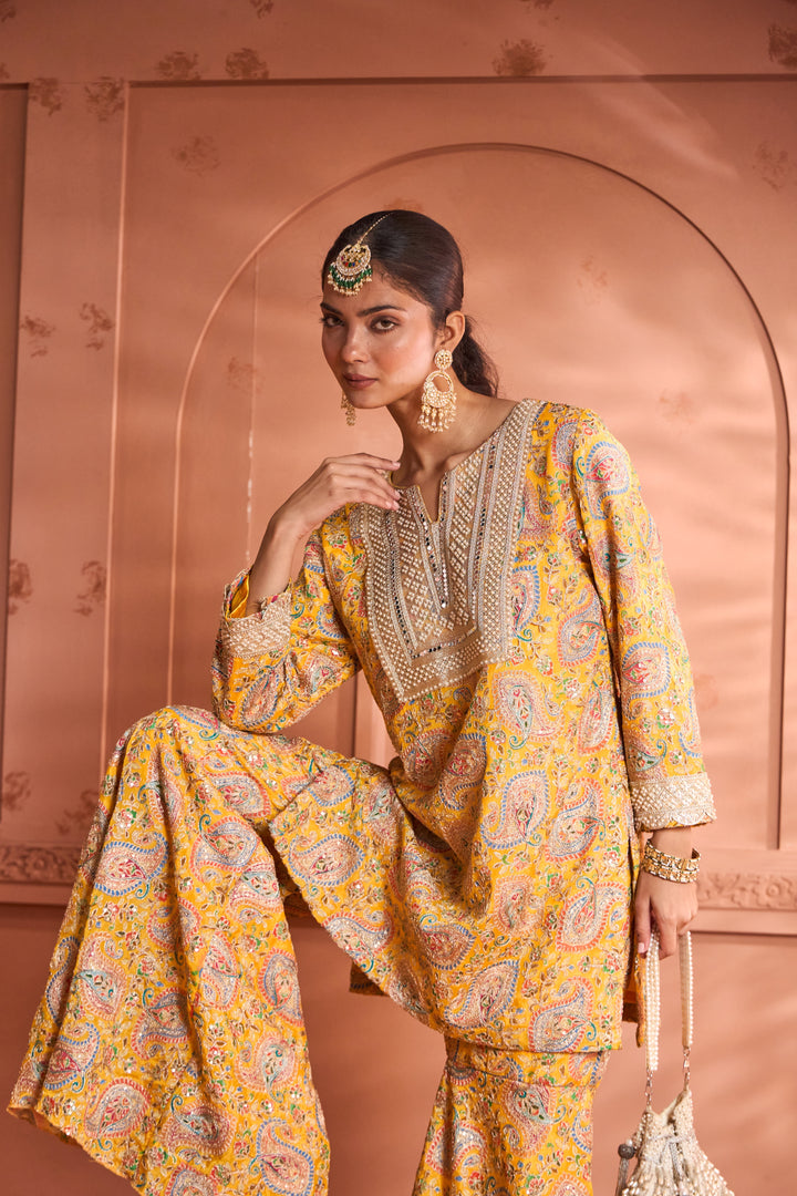 Elizey Paisley Embroidered Sharara Set - Yellow