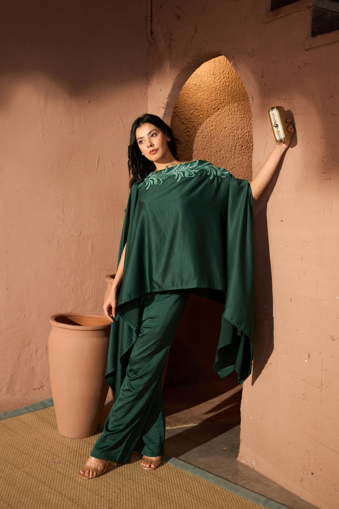 Divine Sequins Embroidered Cape Co-ordinated with Pants - Emerald Green