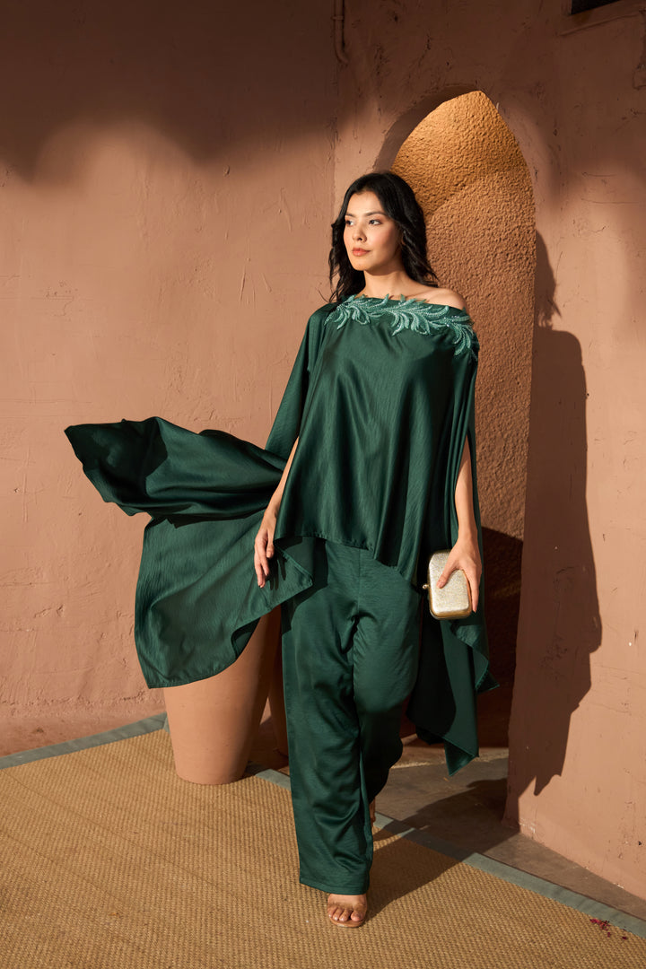 Divine Sequins Embroidered Cape Co-ordinated with Pants - Emerald Green