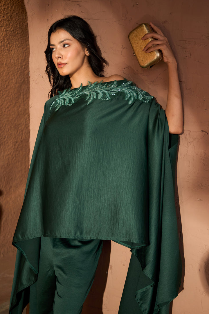 Divine Sequins Embroidered Cape Co-ordinated with Pants - Emerald Green