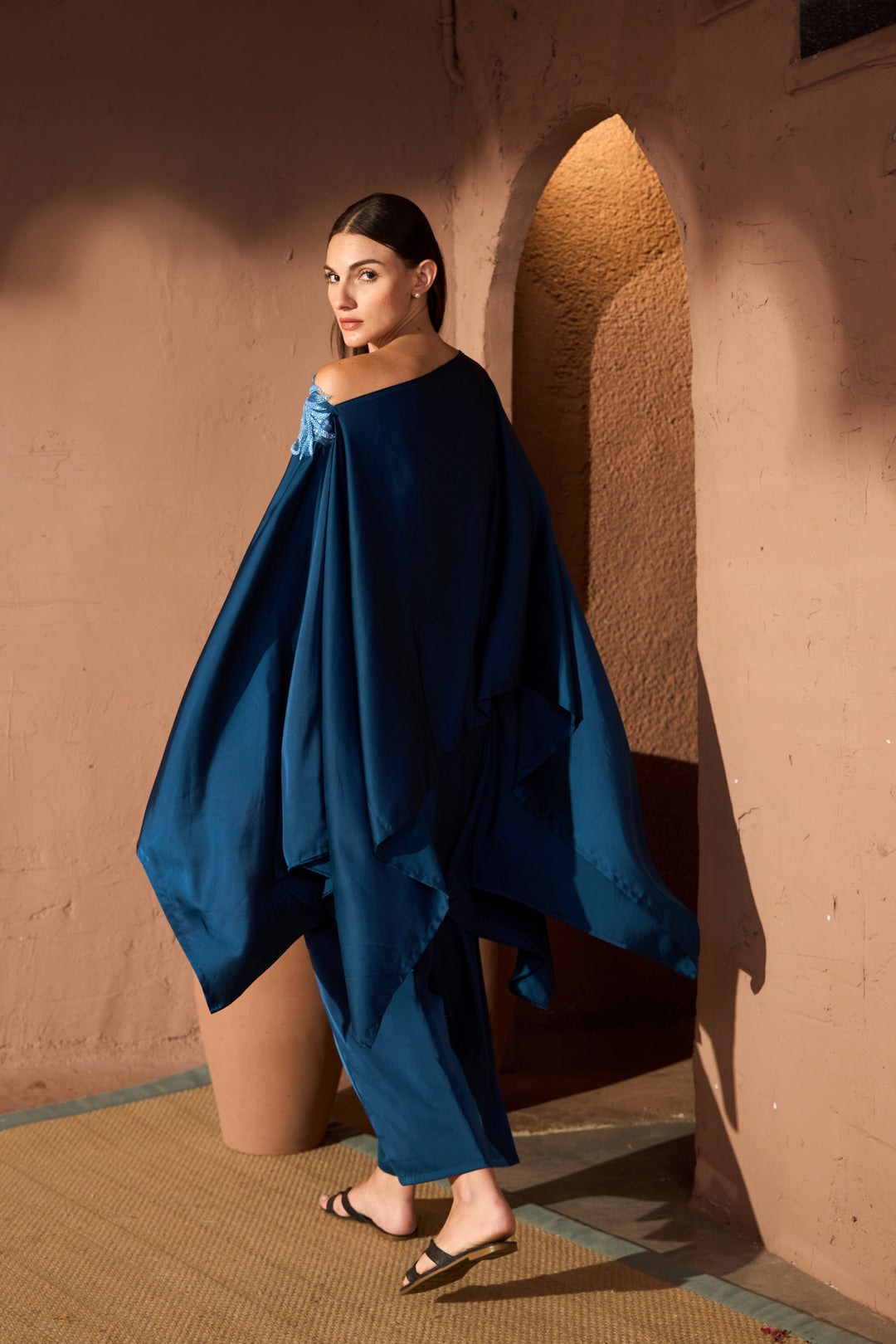 Divine Sequins Embroidered Cape Co-ordinated with Pants - Navy Blue