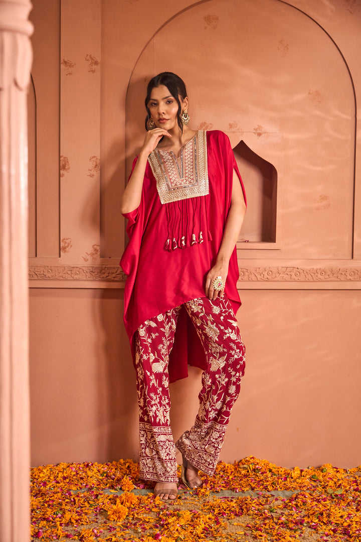 Reyna Gara Glazed Kaia Kaftan Top with Pants -Red