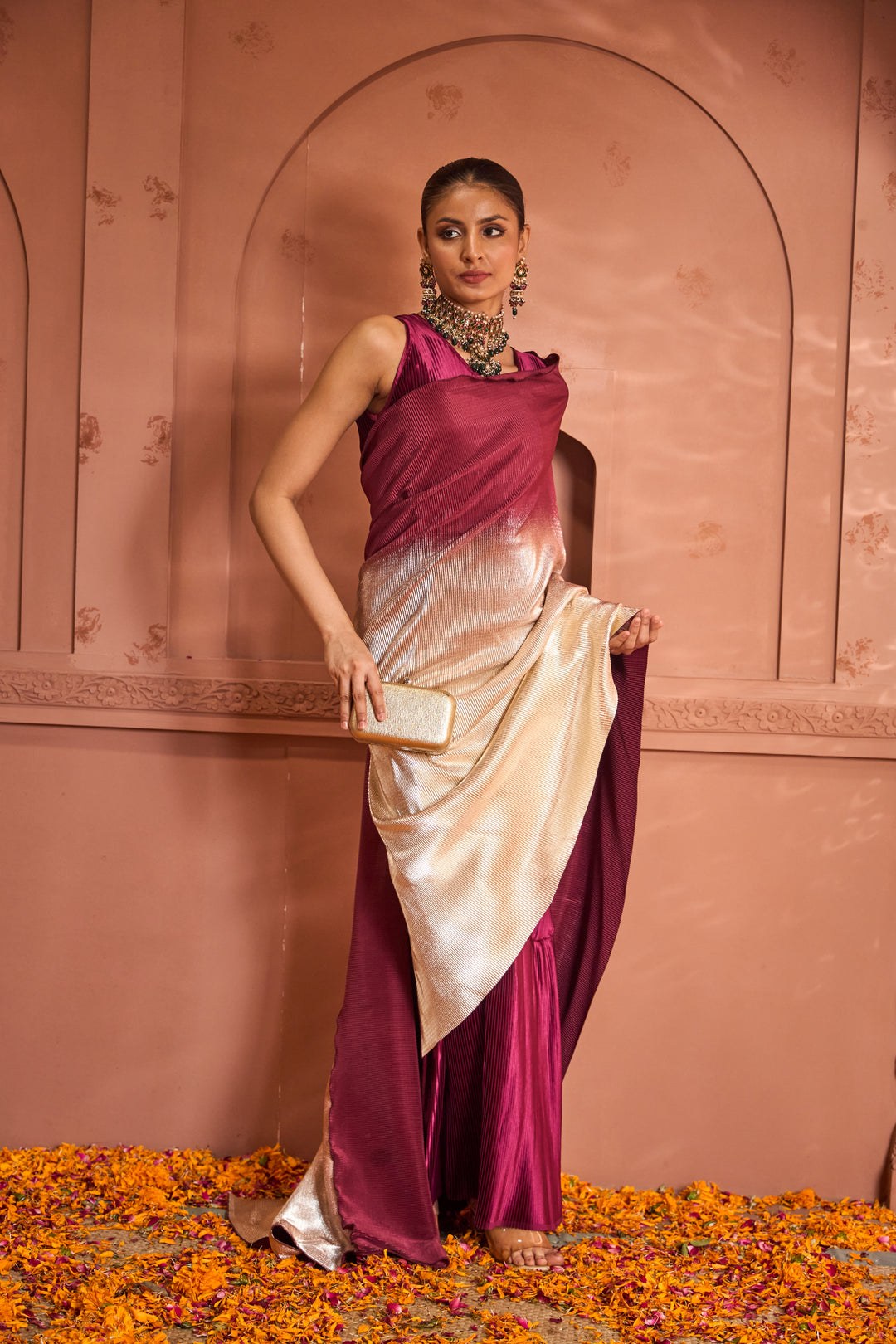 Idylic Adorned Gown Saree With Umbrous Palla - Wine