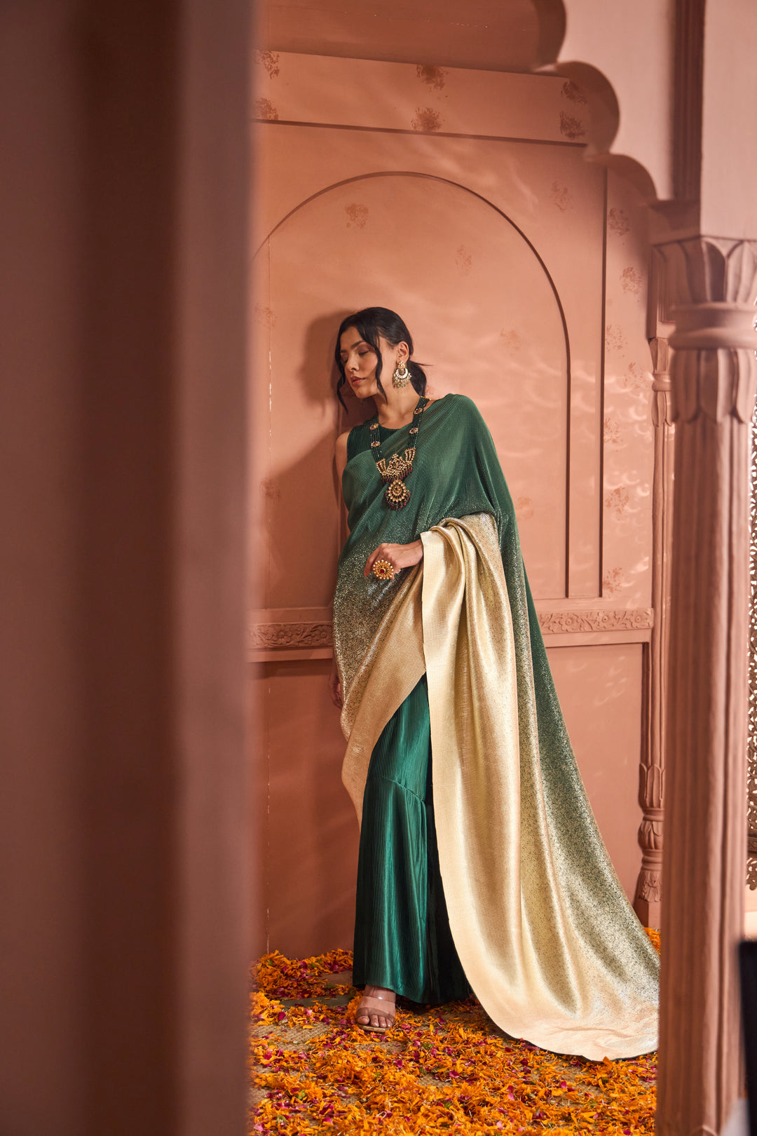 Idylic Adorned Gown Saree With Umbrous Palla  - Green