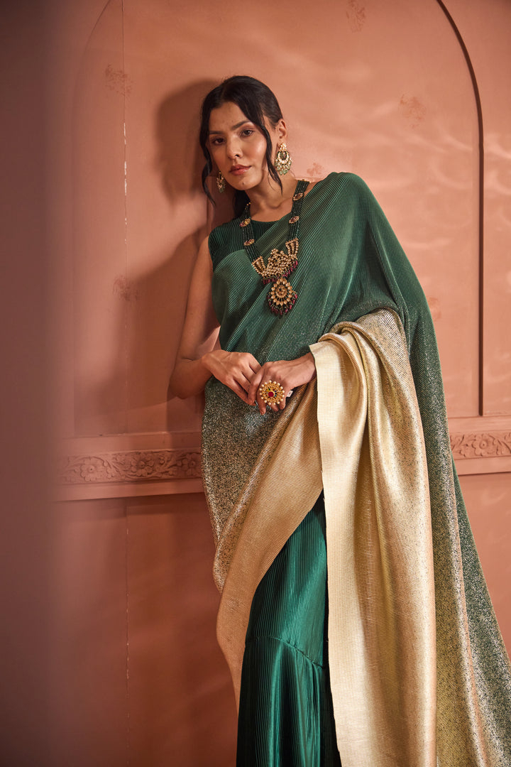 Idylic Adorned Gown Saree With Umbrous Palla  - Green