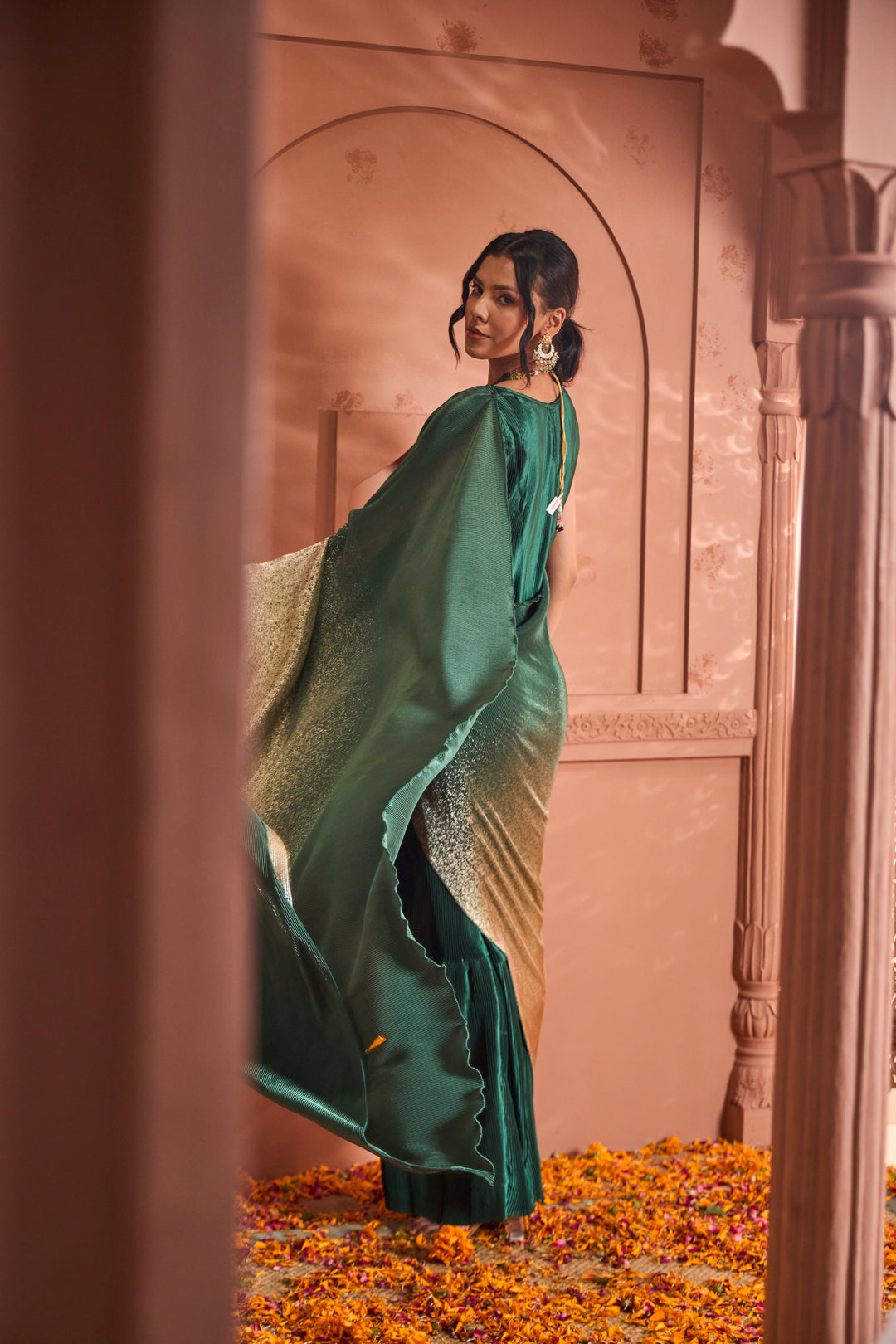 Idylic Adorned Gown Saree With Umbrous Palla  - Green