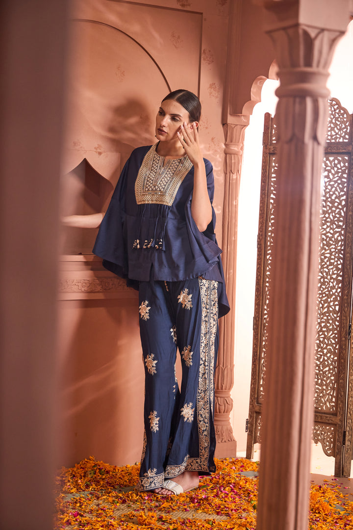 Reyna Gara Glazed Kaia Kaftan Top with Slit Pants - Blue