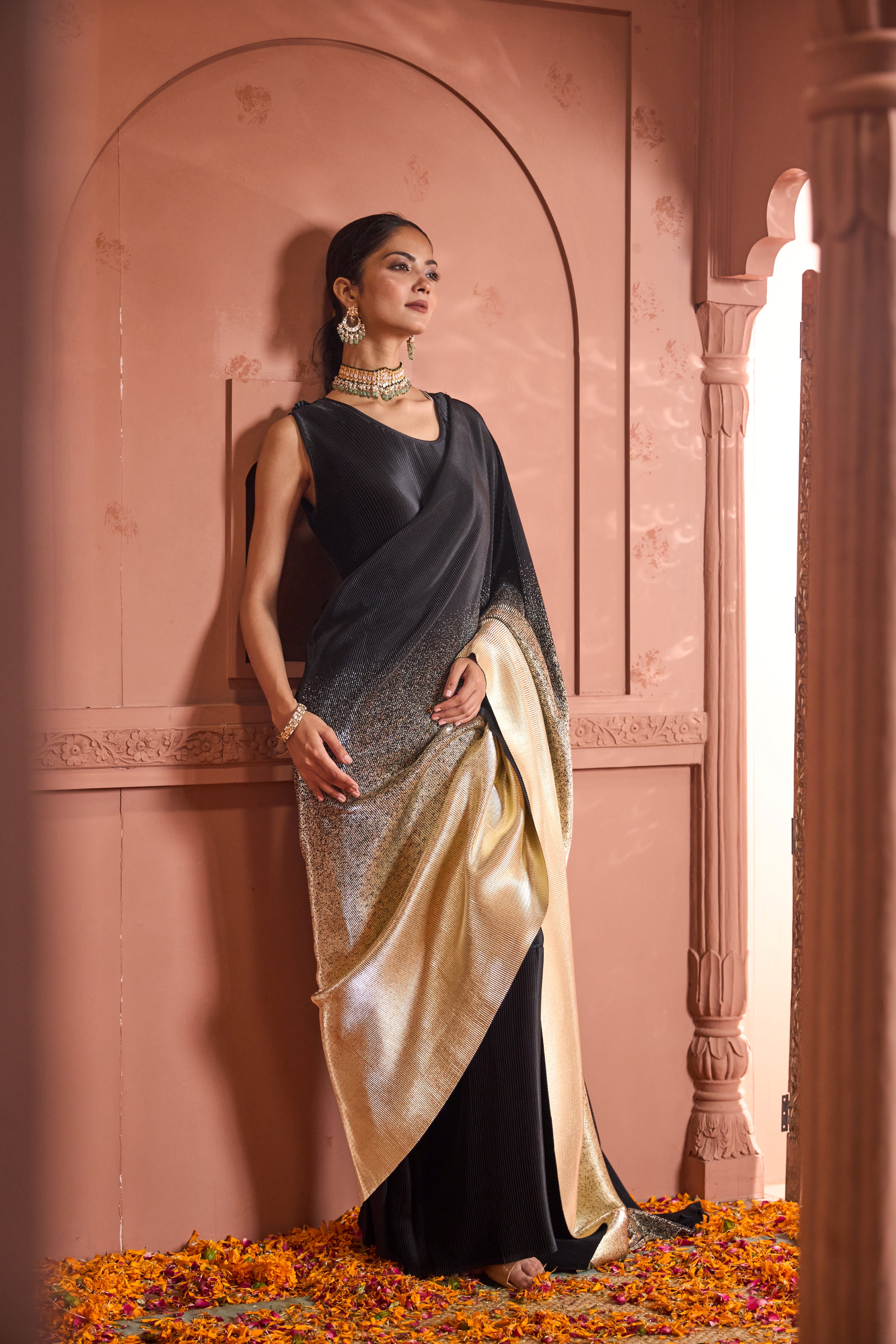 Idylic Adorned Gown Saree With Umbrous Palla - Black