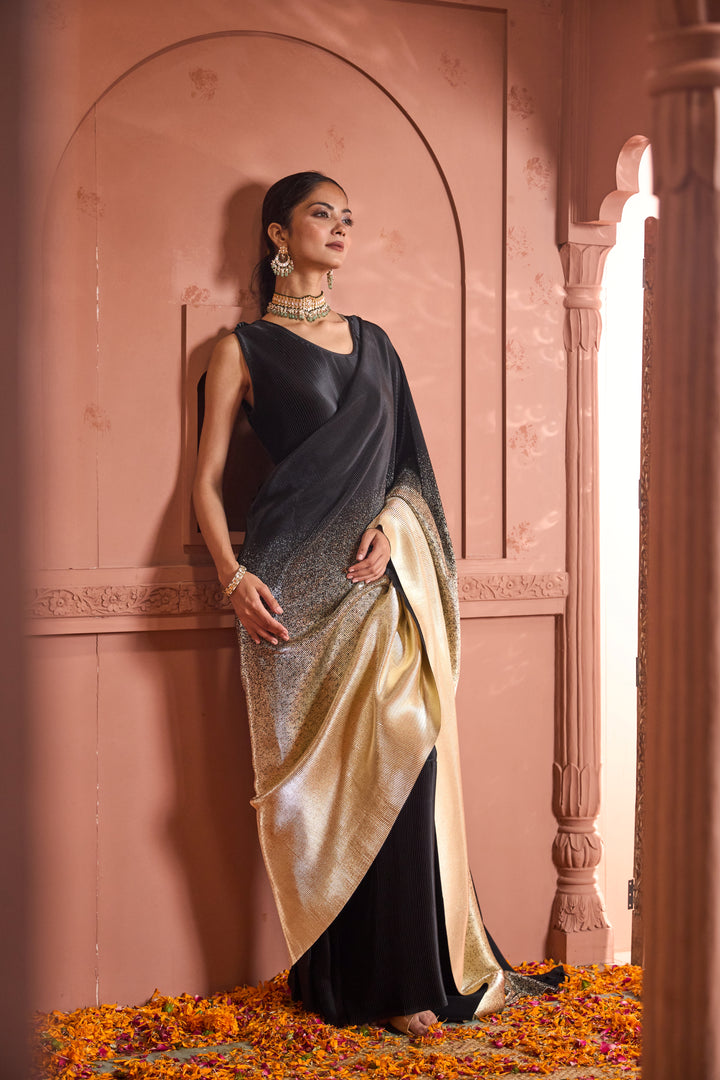 Idylic Adorned Gown Saree With Umbrous Palla - Black