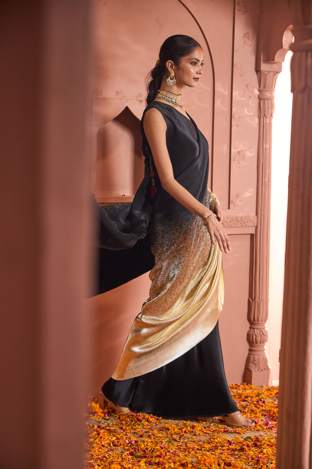 Idylic Adorned Gown Saree With Umbrous Palla - Black