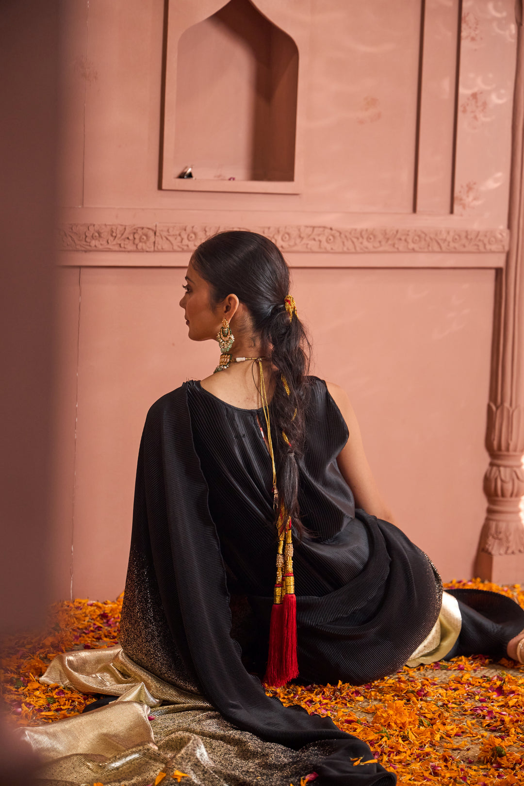 Idylic Adorned Gown Saree With Umbrous Palla - Black