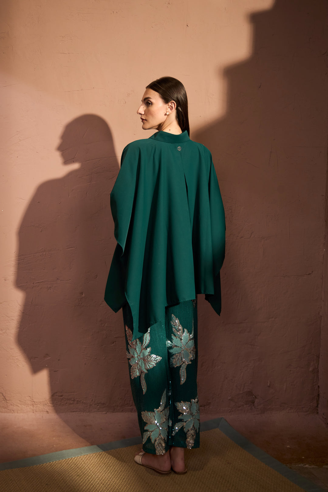 Bianca Borage Sequins Cape Set - Emerald Green