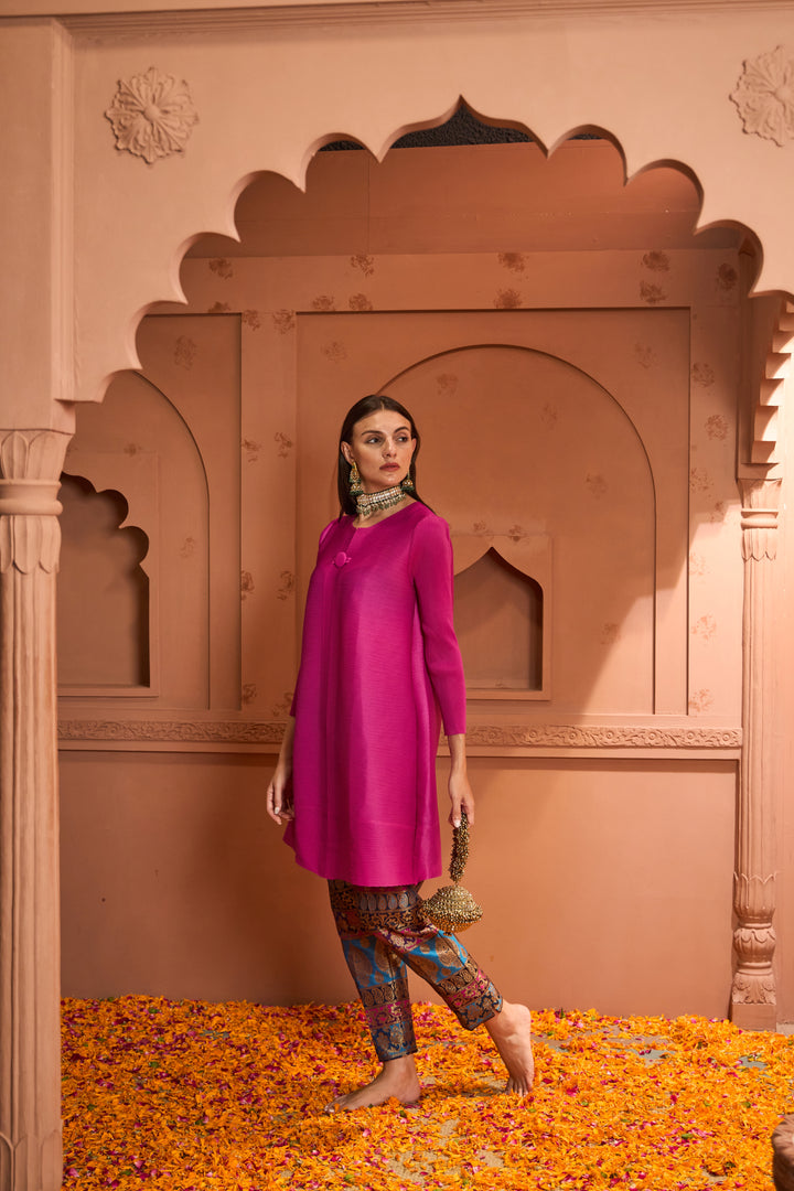 Elegant One-Button Pleated Tunic & Colourful Brocade Pant Set - Fuschia