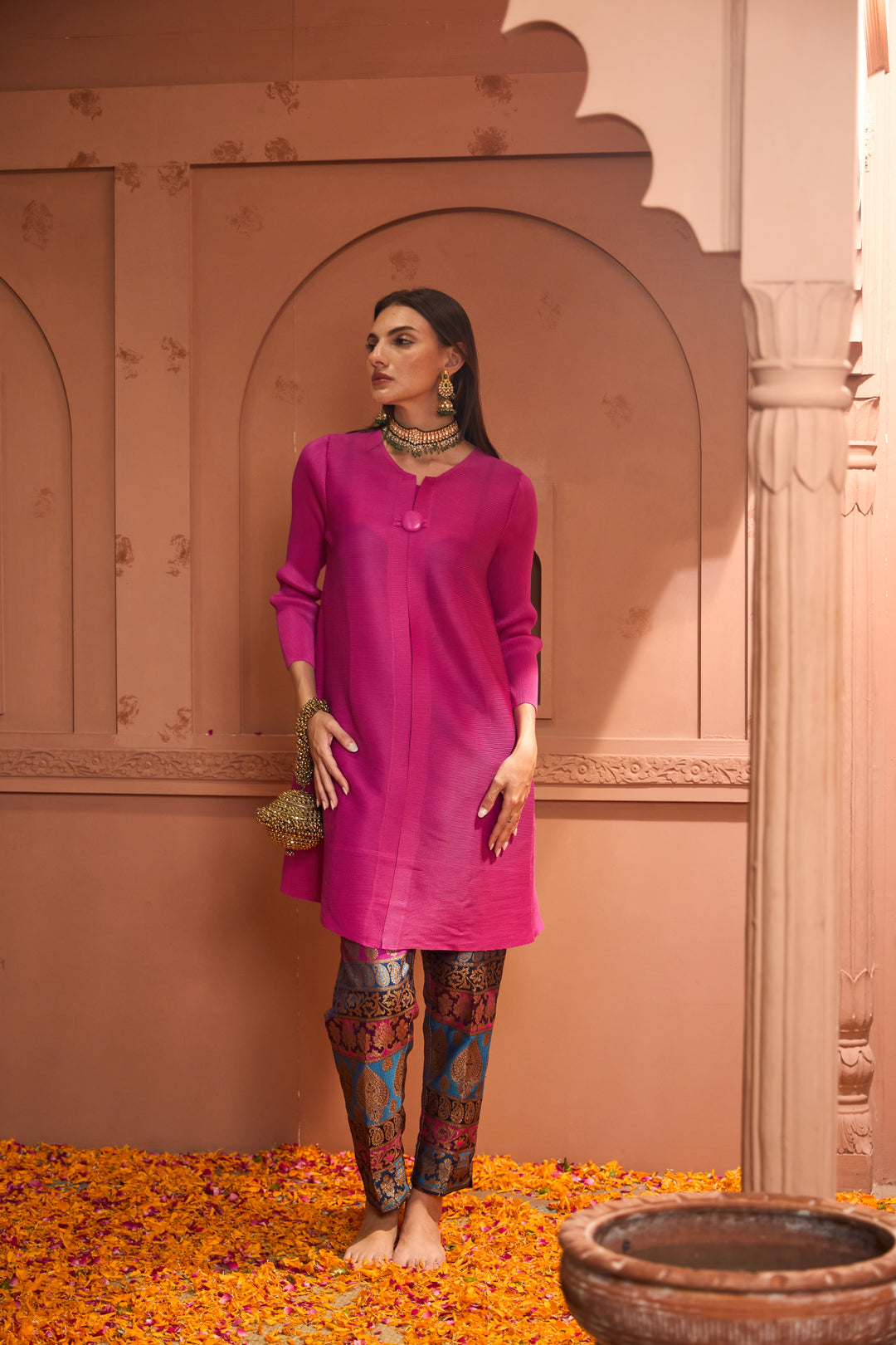 Elegant One-Button Pleated Tunic & Colourful Brocade Pant Set - Fuschia