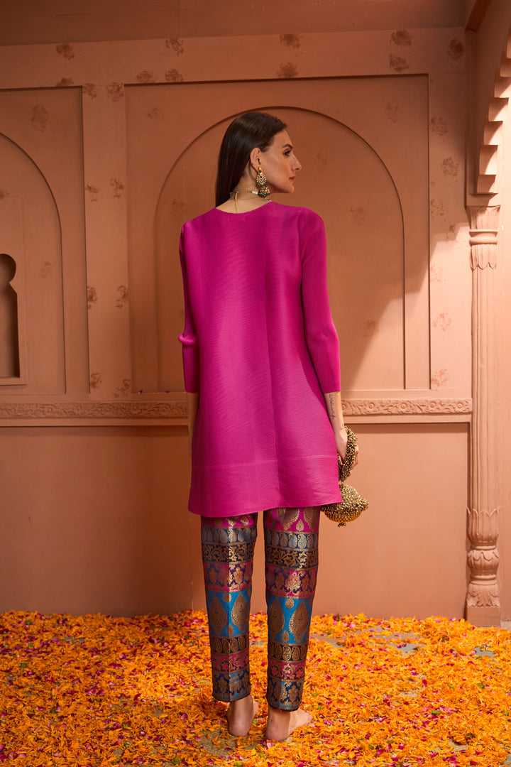 Elegant One-Button Pleated Tunic & Colourful Brocade Pant Set - Fuschia