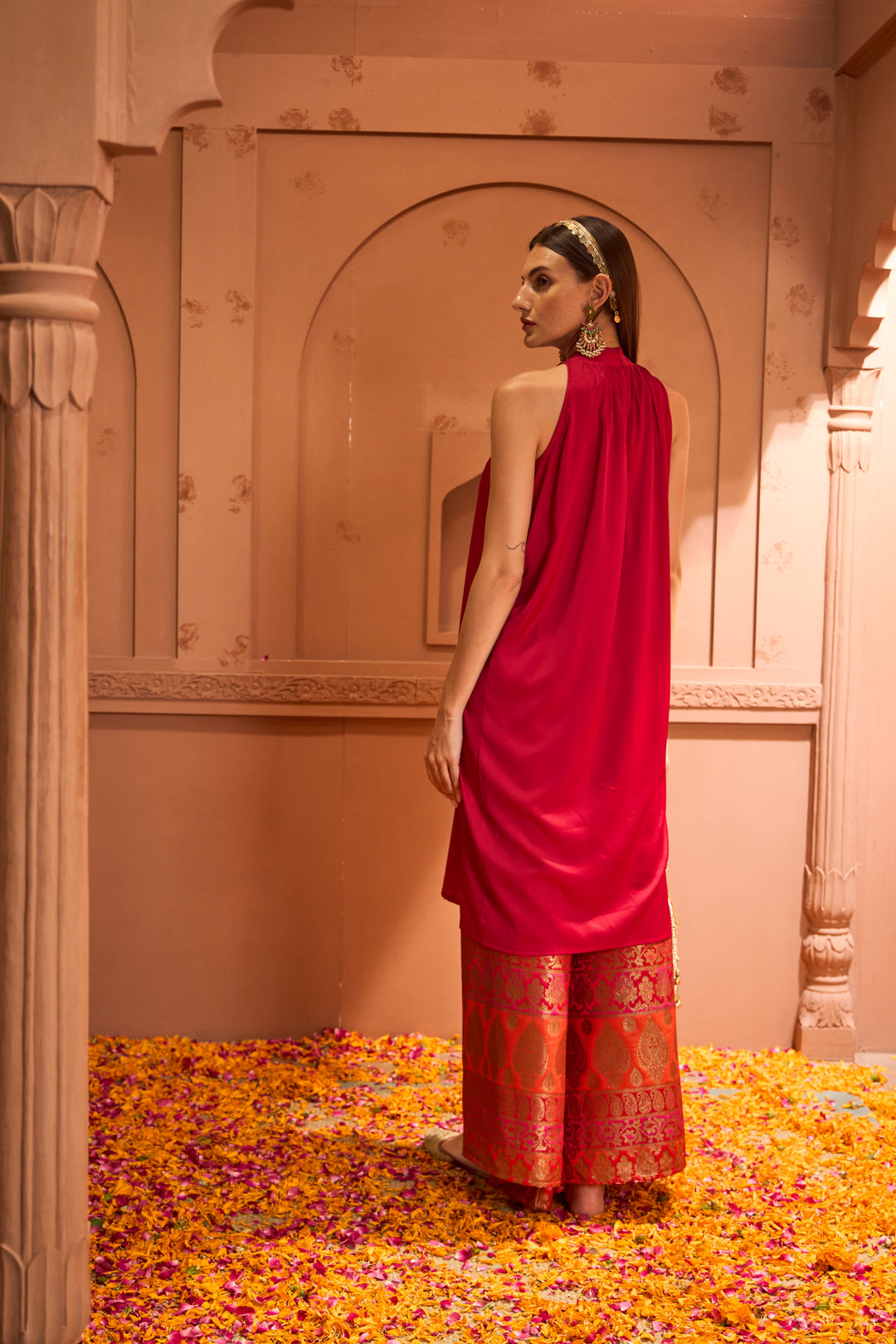 Pataka Red Halter With Flared Brocade Pants Set