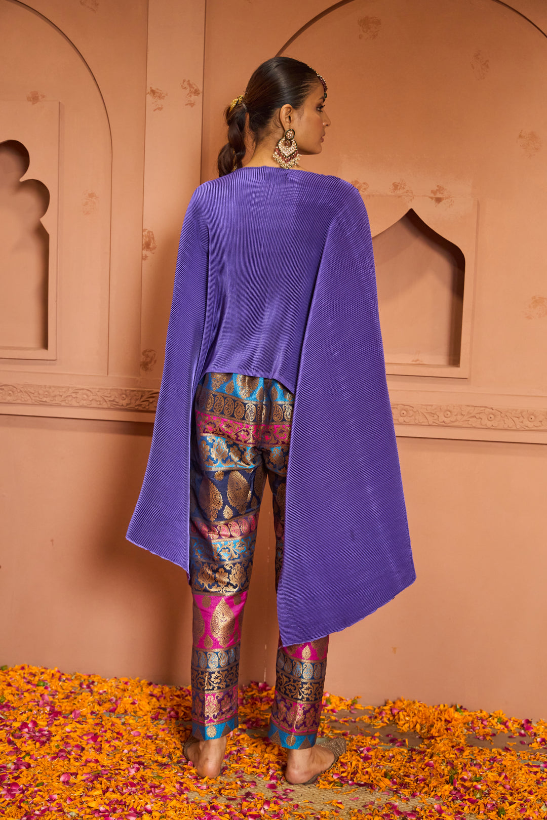 Divine Embroidered Cape Set With Colorful Brocade Pant - Hibiscus