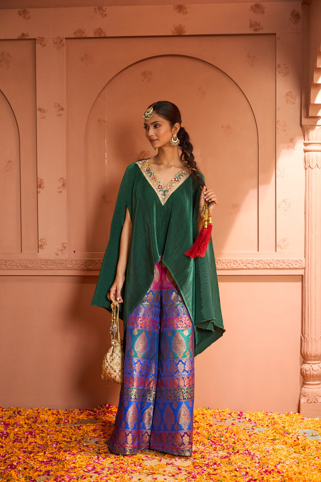 Divine V-Neck Embroidered Cape Set With Colorful Brocade Pant - Green