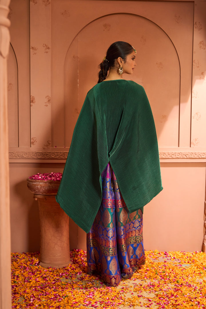 Divine V-Neck Embroidered Cape Set With Colorful Brocade Pant - Green