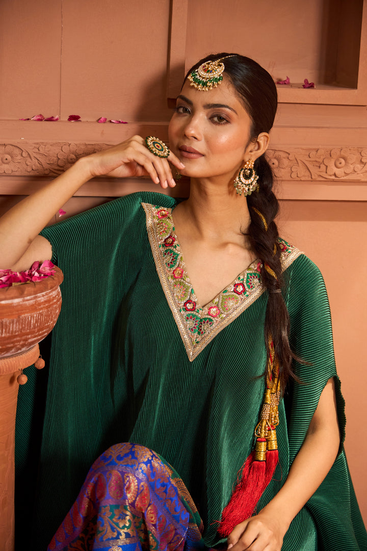 Divine V-Neck Embroidered Cape Set With Colorful Brocade Pant - Green