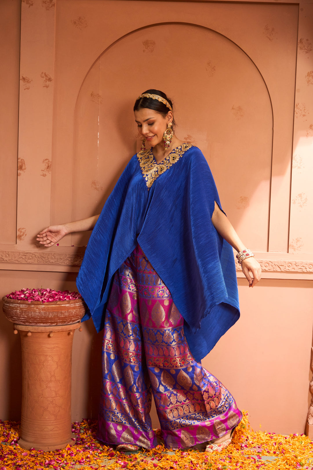 Divine V-Neck Embroidered Cape Set With Colorful Brocade Pant - Blue