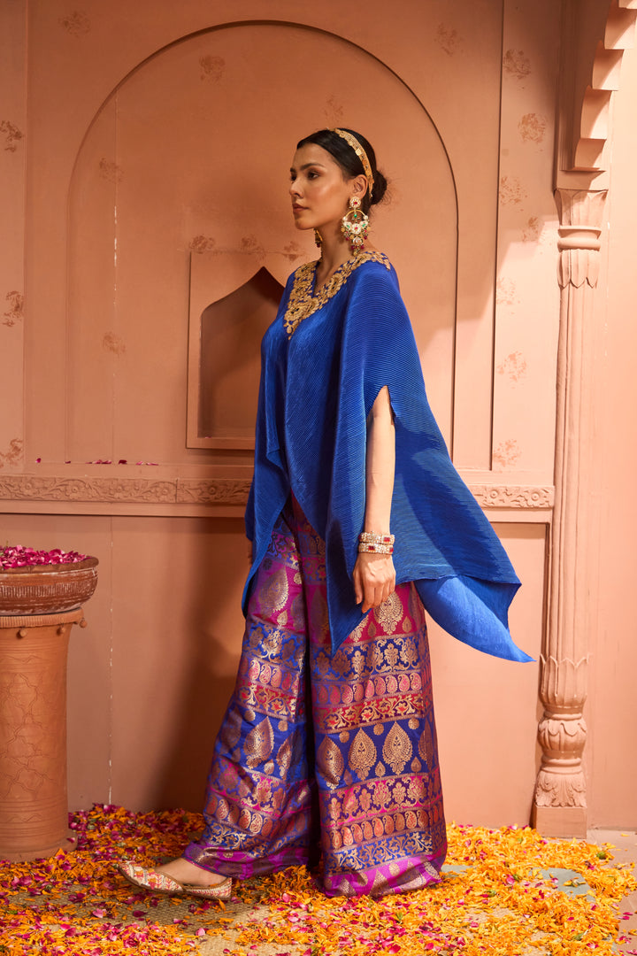 Divine V-Neck Embroidered Cape Set With Colorful Brocade Pant - Blue