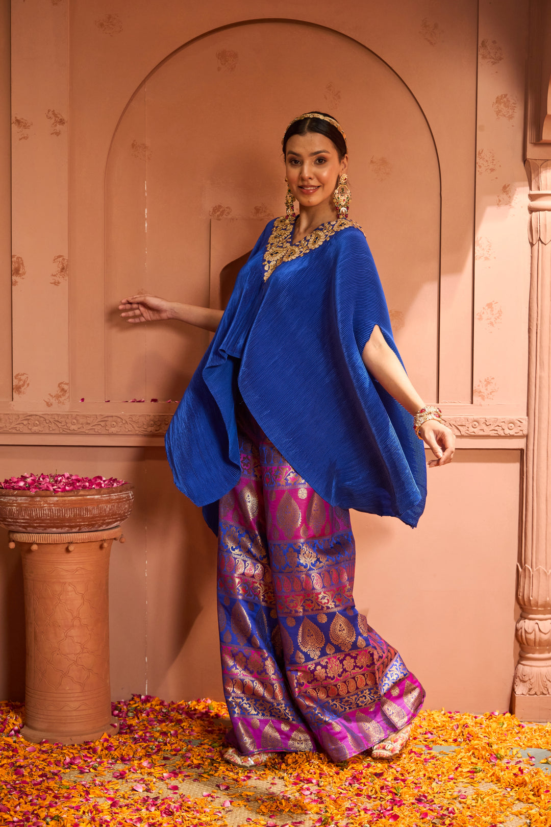 Divine V-Neck Embroidered Cape Set With Colorful Brocade Pant - Blue