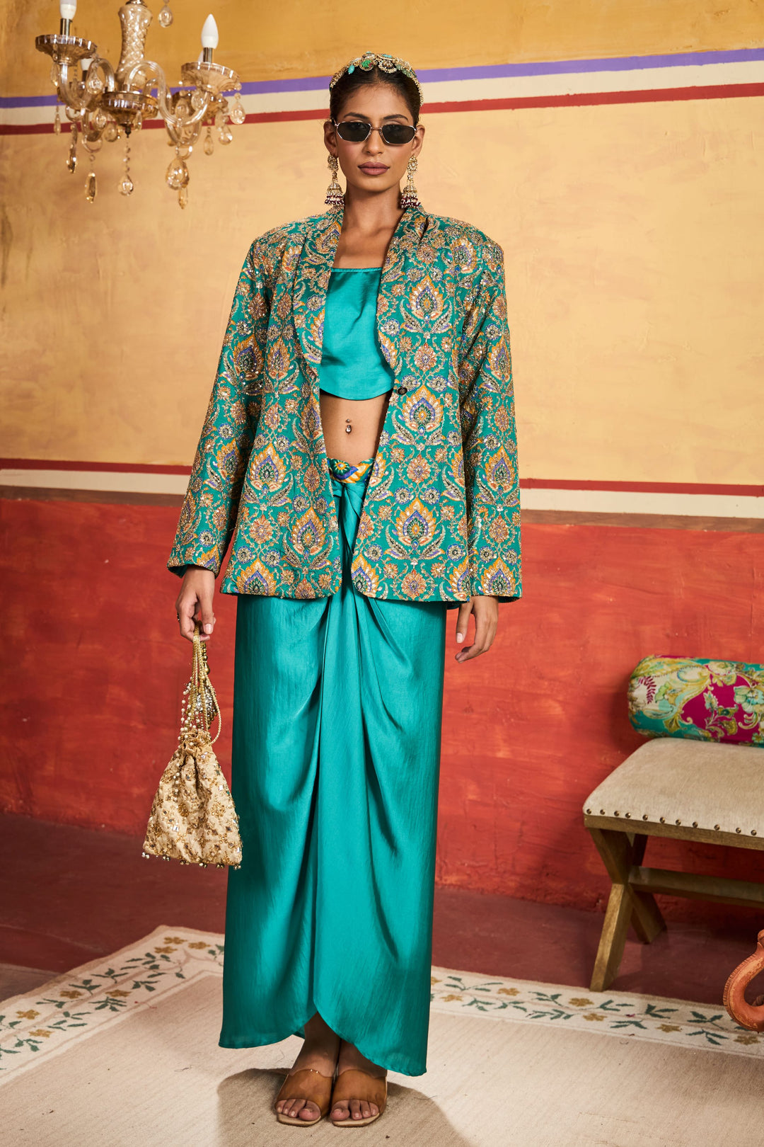 Elizey Paisley Embroidered Jacket with Dhoti Skirt - Turqouise Blue