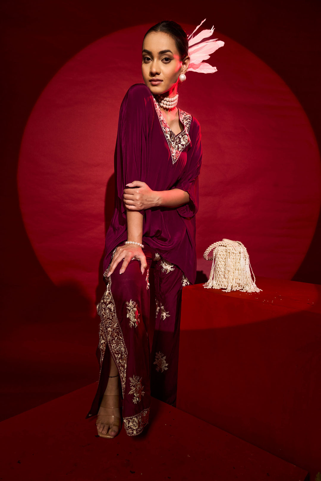 Reyna Gara V-Neck Top With Slit Pants - Maroon