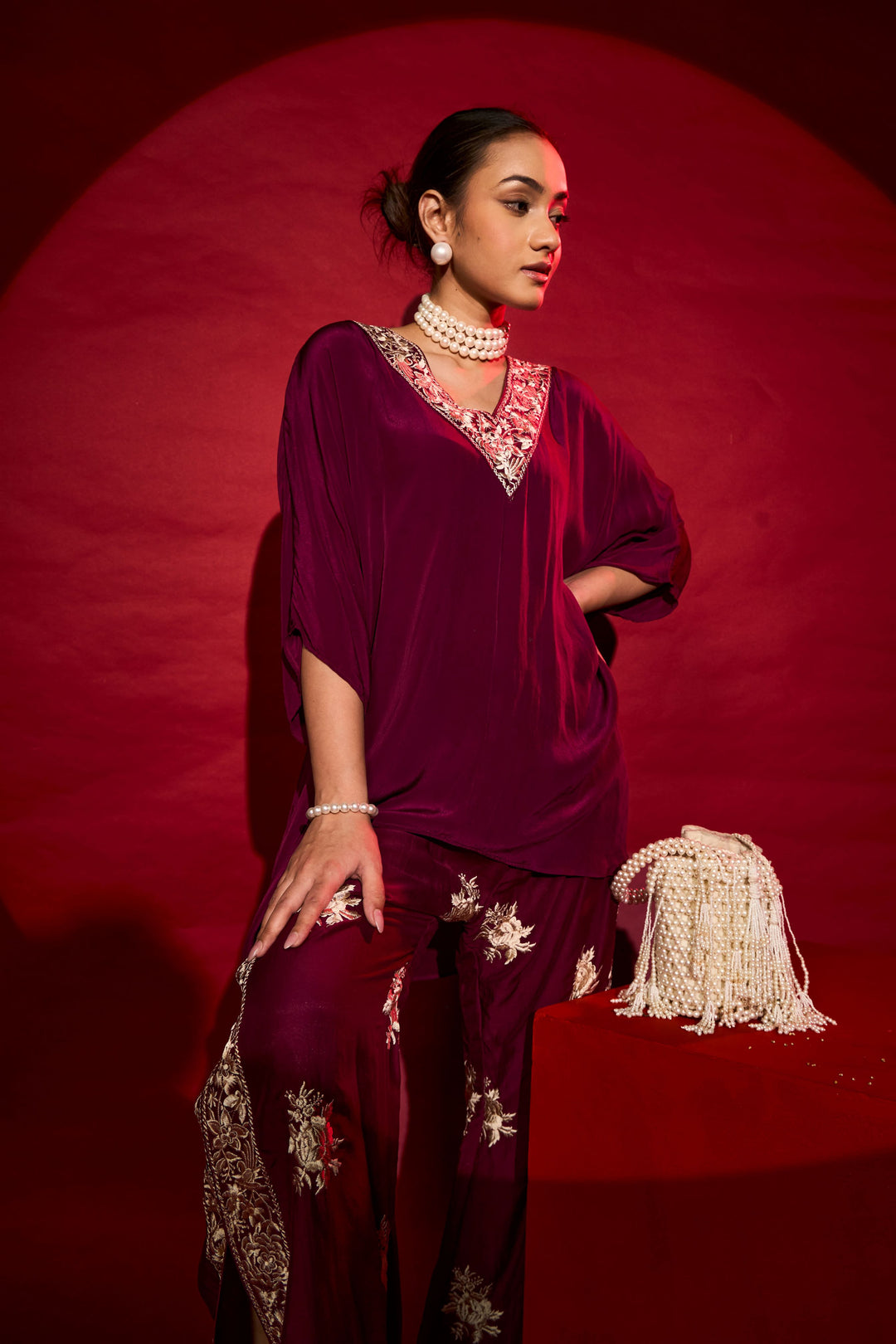 Reyna Gara V-Neck Top With Slit Pants - Maroon