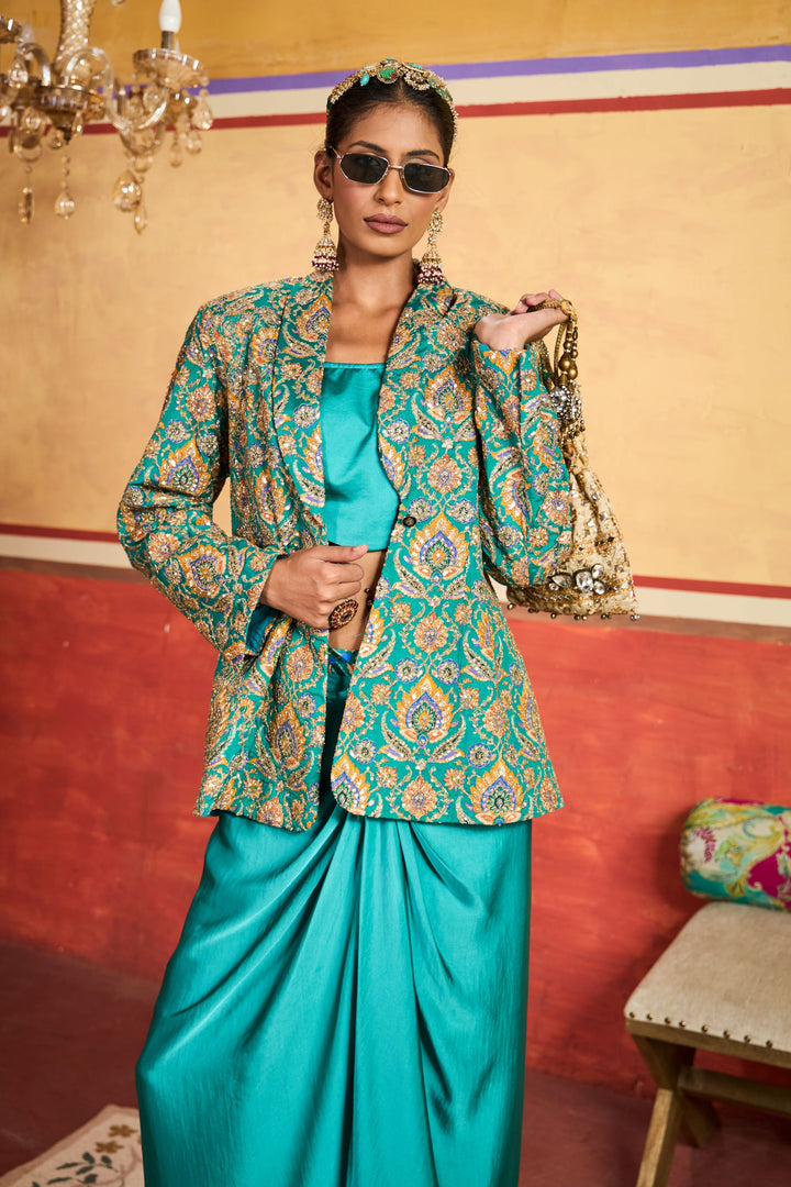 Elizey Paisley Embroidered Jacket with Dhoti Skirt - Turqouise Blue