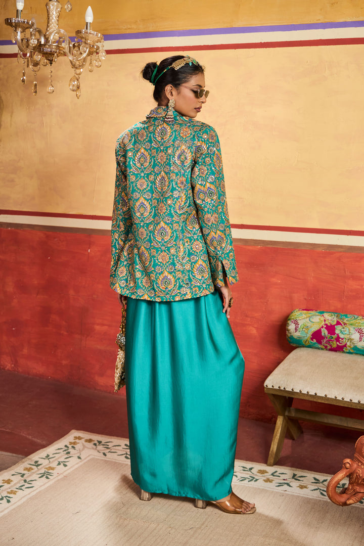 Elizey Paisley Embroidered Jacket with Dhoti Skirt - Turqouise Blue