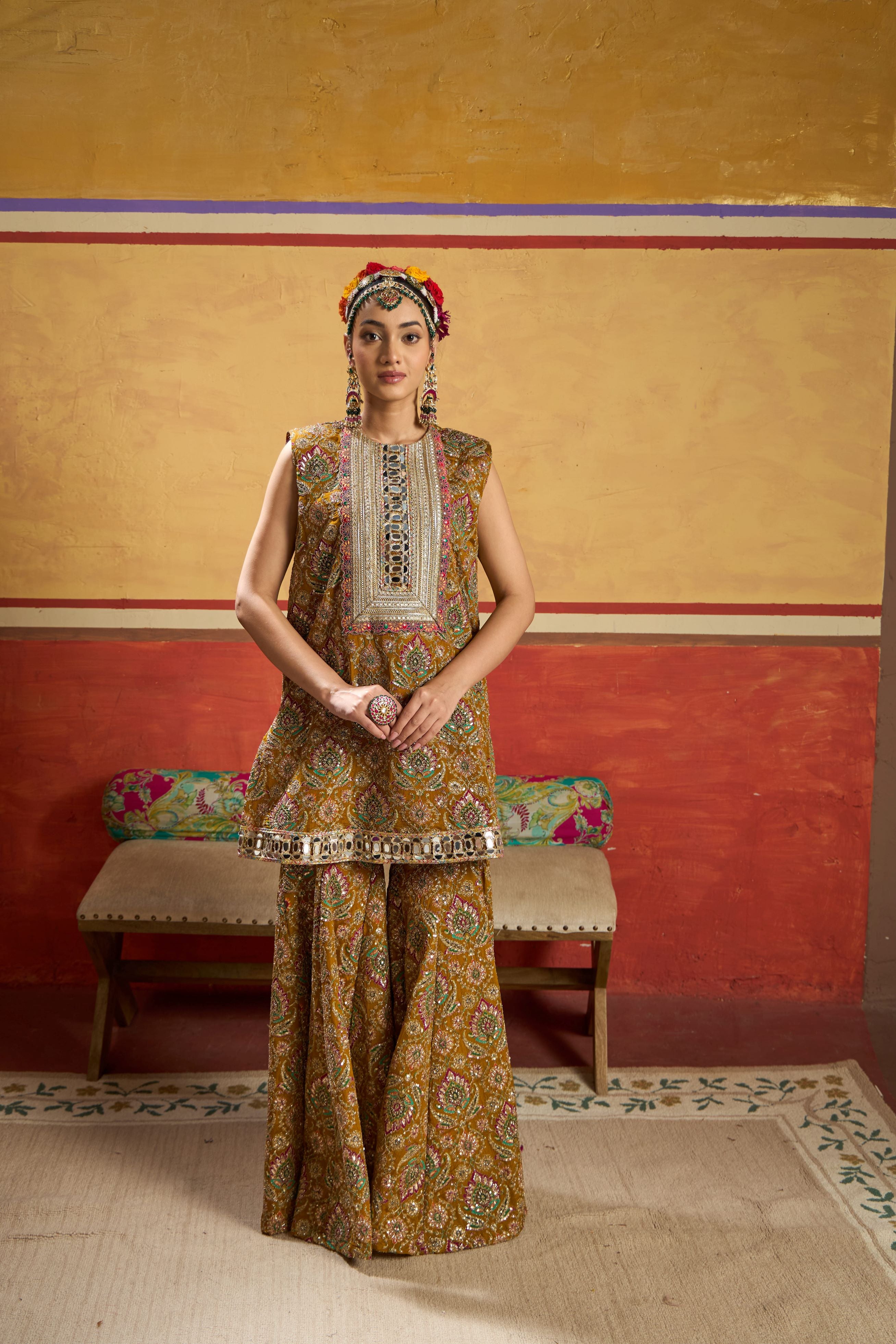 Elizey Paisley Embroidered Sleeveless Sharara Set - Yellow