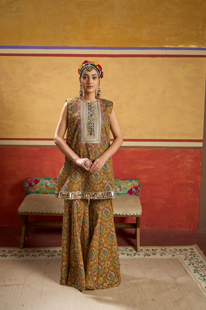 Elizey Paisley Embroidered Sleeveless Sharara Set - Yellow