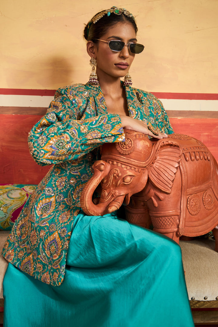 Elizey Paisley Embroidered Jacket with Dhoti Skirt - Turqouise Blue