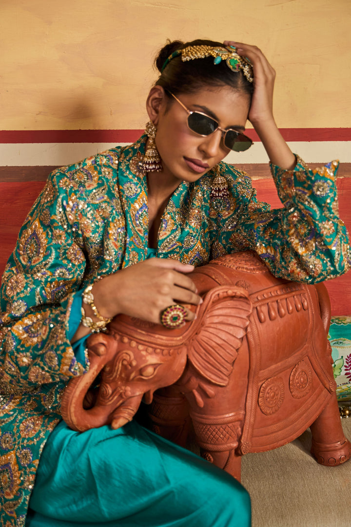 Elizey Paisley Embroidered Jacket with Dhoti Skirt - Turqouise Blue