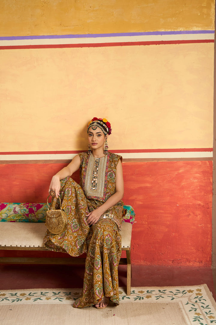 Elizey Paisley Embroidered Sleeveless Sharara Set - Yellow