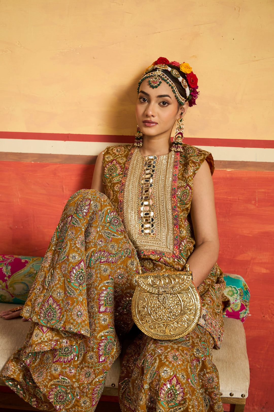 Elizey Paisley Embroidered Sleeveless Sharara Set - Yellow