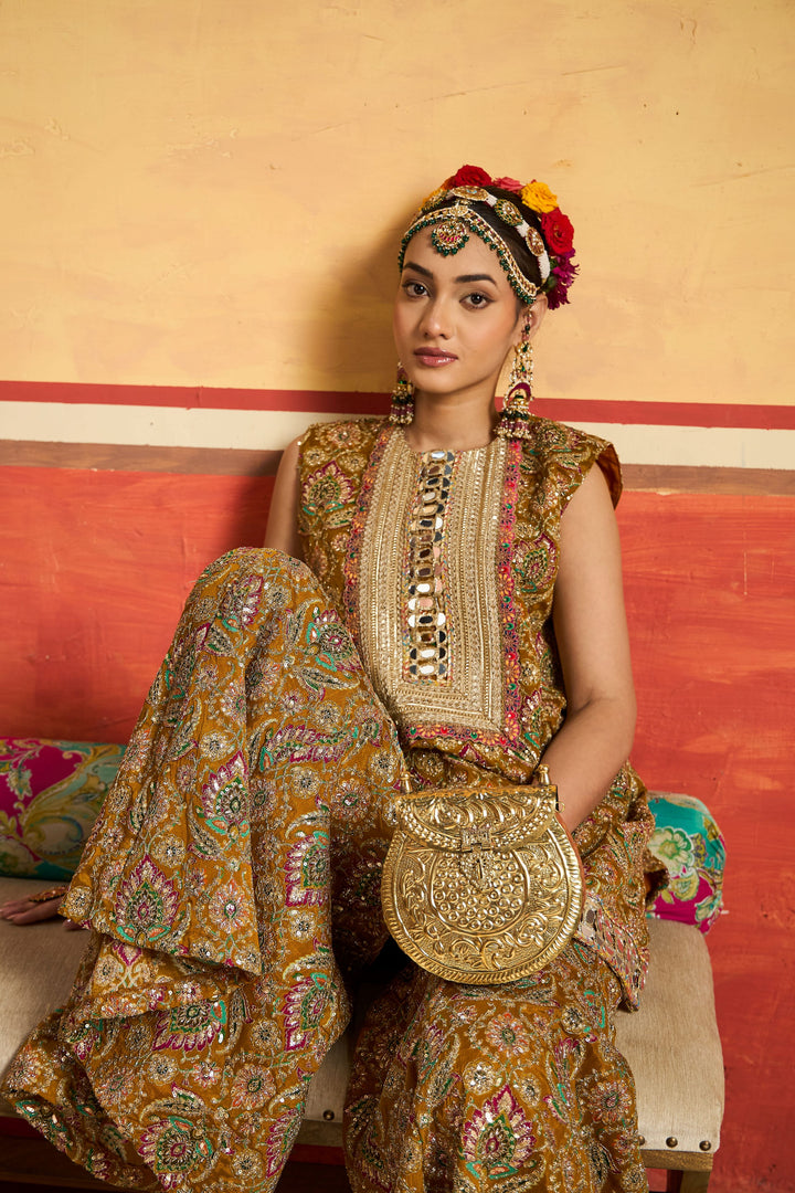 Elizey Paisley Embroidered Sleeveless Sharara Set - Yellow