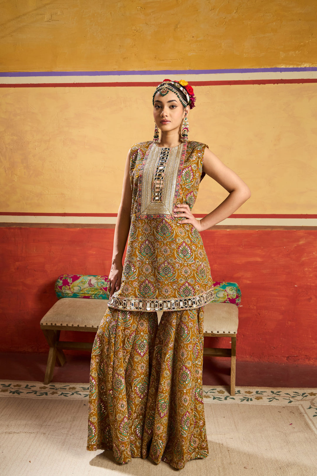 Elizey Paisley Embroidered Sleeveless Sharara Set - Yellow